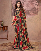 Vishal Prints Black And Dark Sand Printed Georgette Saree With Fancy Border