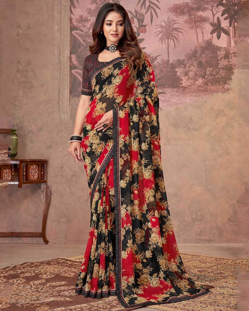 Vishal Prints Black And Dark Sand Printed Georgette Saree With Fancy Border