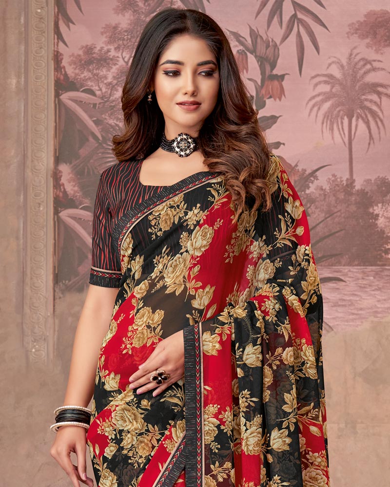 Vishal Prints Black And Dark Sand Printed Georgette Saree With Fancy Border