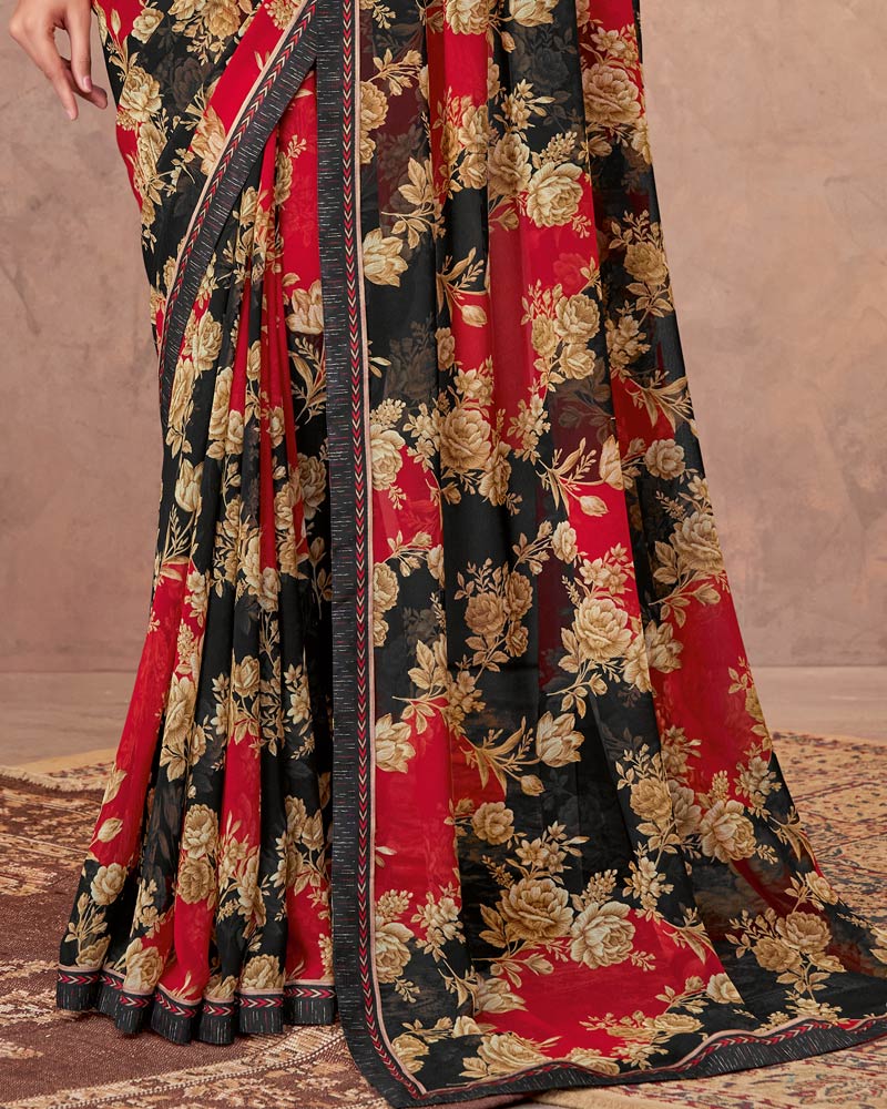 Vishal Prints Black And Dark Sand Printed Georgette Saree With Fancy Border