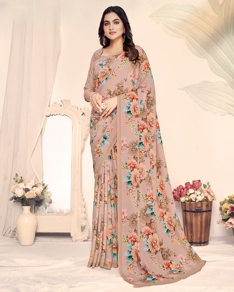 Vishal Prints Pastel Brown Digital Print Crepe Saree