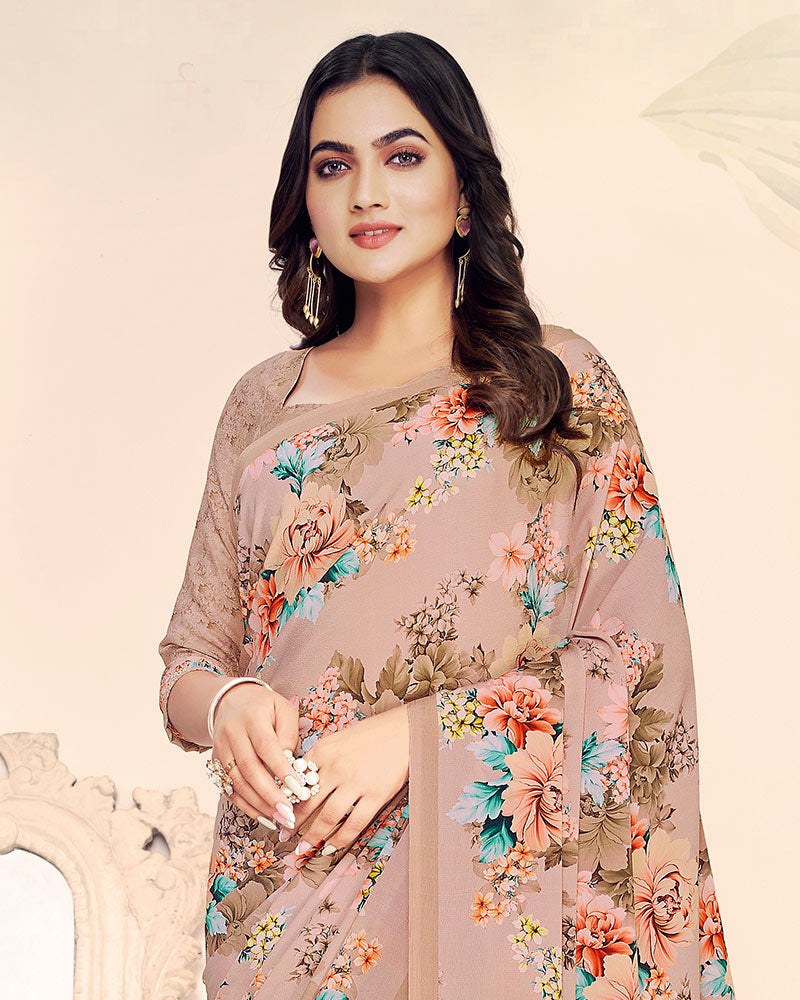 Vishal Prints Pastel Brown Digital Print Crepe Saree