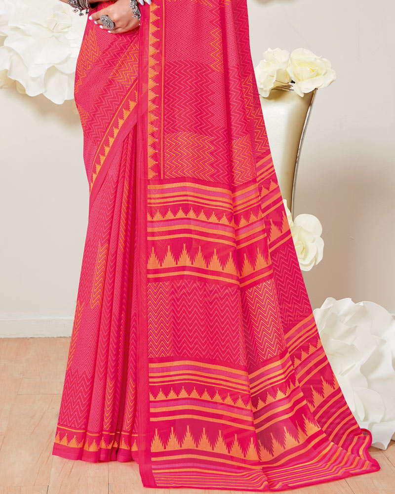 Vishal Prints Red Pink Printed Georgette Saree