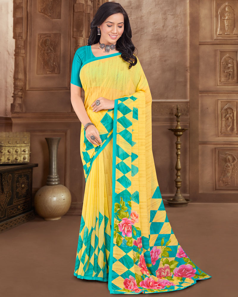 Vishal Prints Yellow Printed Georgette Saree