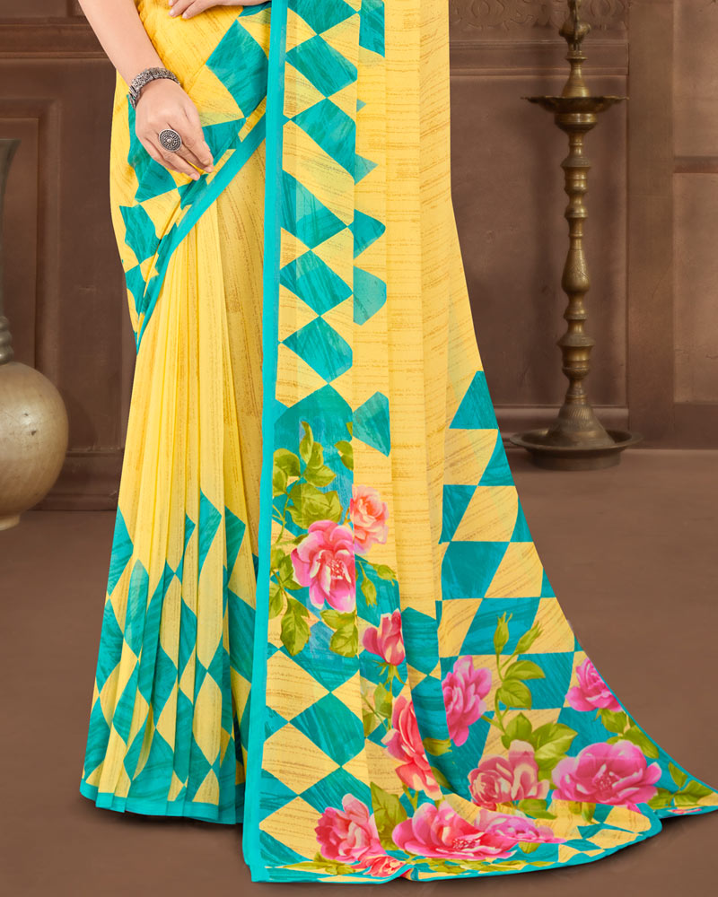 Vishal Prints Yellow Printed Georgette Saree
