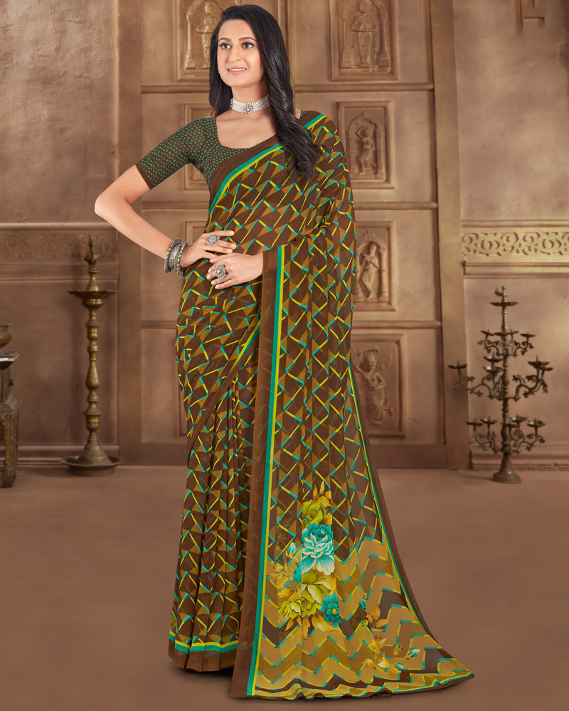 Vishal Prints Deep Coffee Brown Printed Georgette Saree