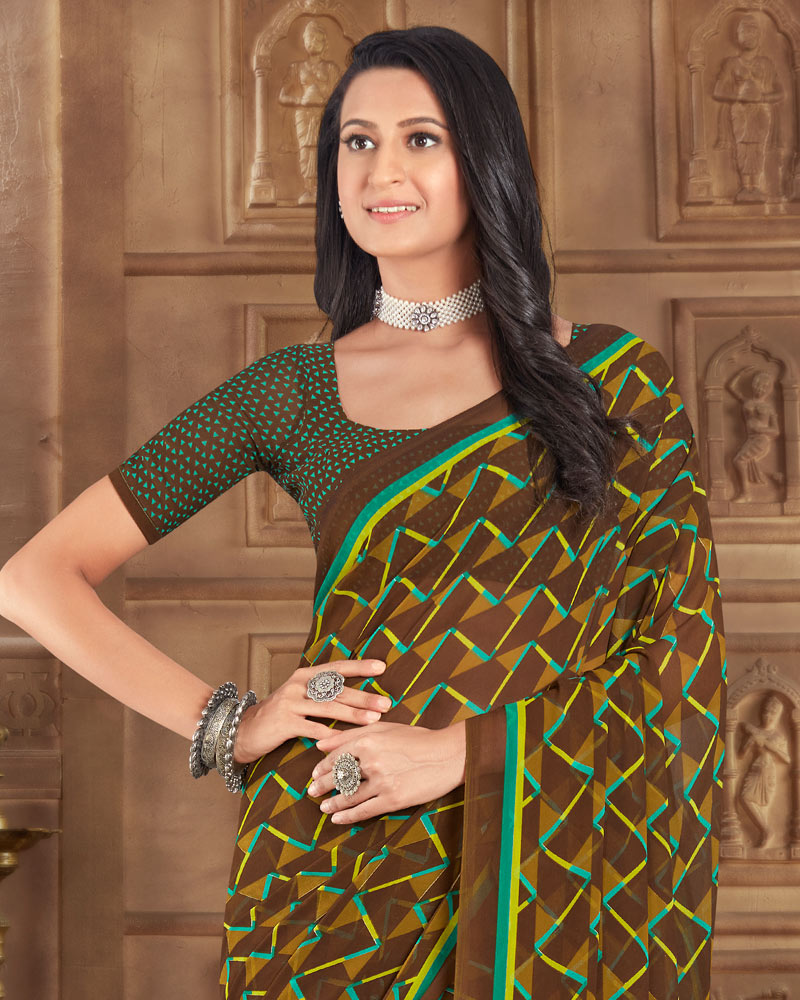 Vishal Prints Deep Coffee Brown Printed Georgette Saree