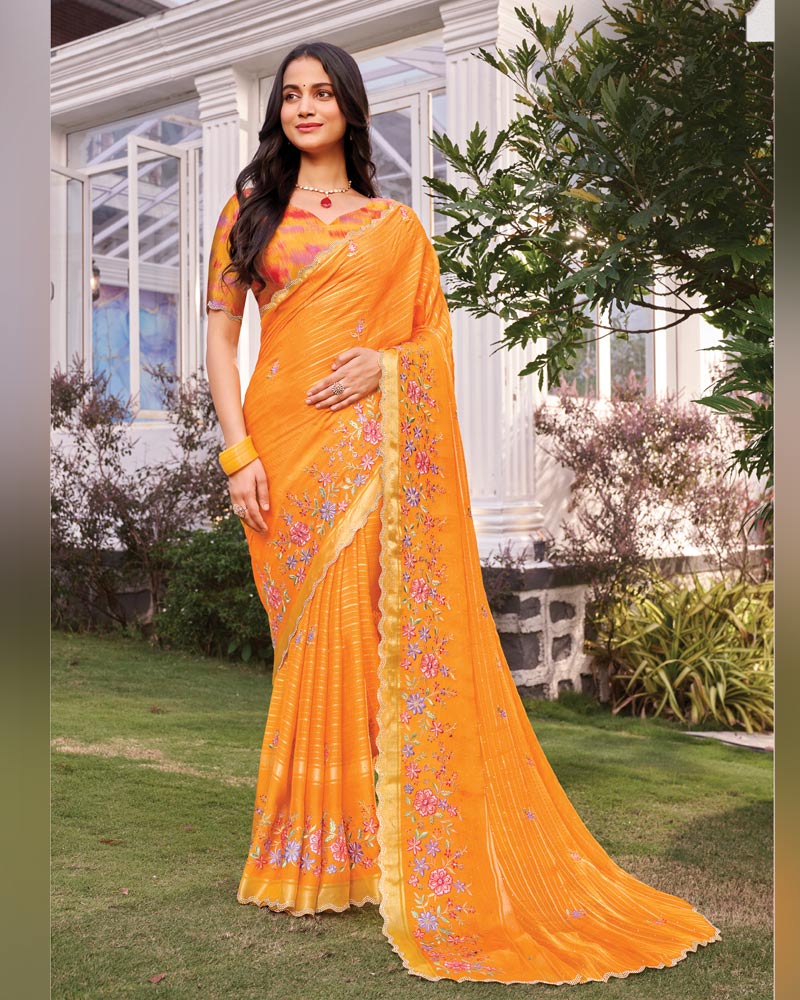 Vishal Prints Deep Saffron Orange Designer Fancy Chiffon-Viscose Saree With Embroidery-Diamond Work And Border
