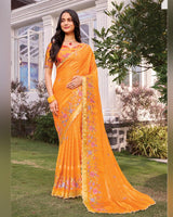 Vishal Prints Deep Saffron Orange Designer Fancy Chiffon-Viscose Saree With Embroidery-Diamond Work And Border