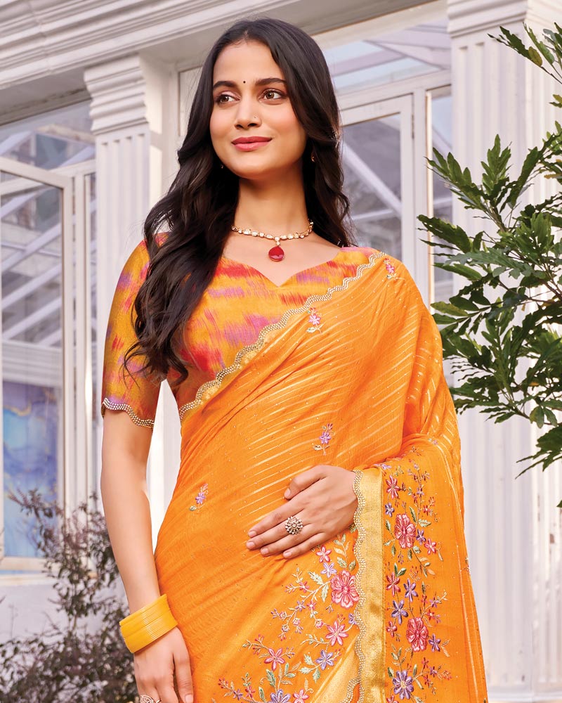 Vishal Prints Deep Saffron Orange Designer Fancy Chiffon-Viscose Saree With Embroidery-Diamond Work And Border