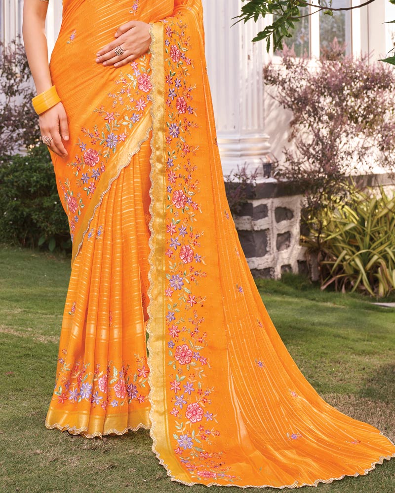 Vishal Prints Deep Saffron Orange Designer Fancy Chiffon-Viscose Saree With Embroidery-Diamond Work And Border