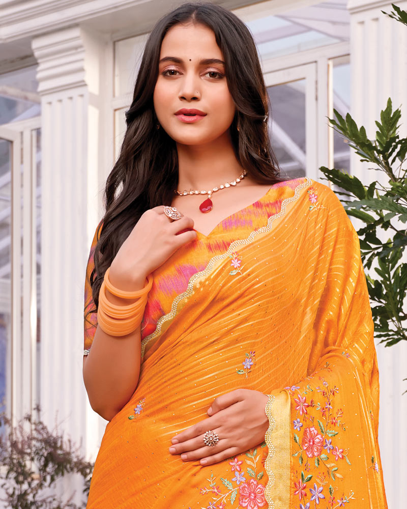 Vishal Prints Deep Saffron Orange Designer Fancy Chiffon-Viscose Saree With Embroidery-Diamond Work And Border