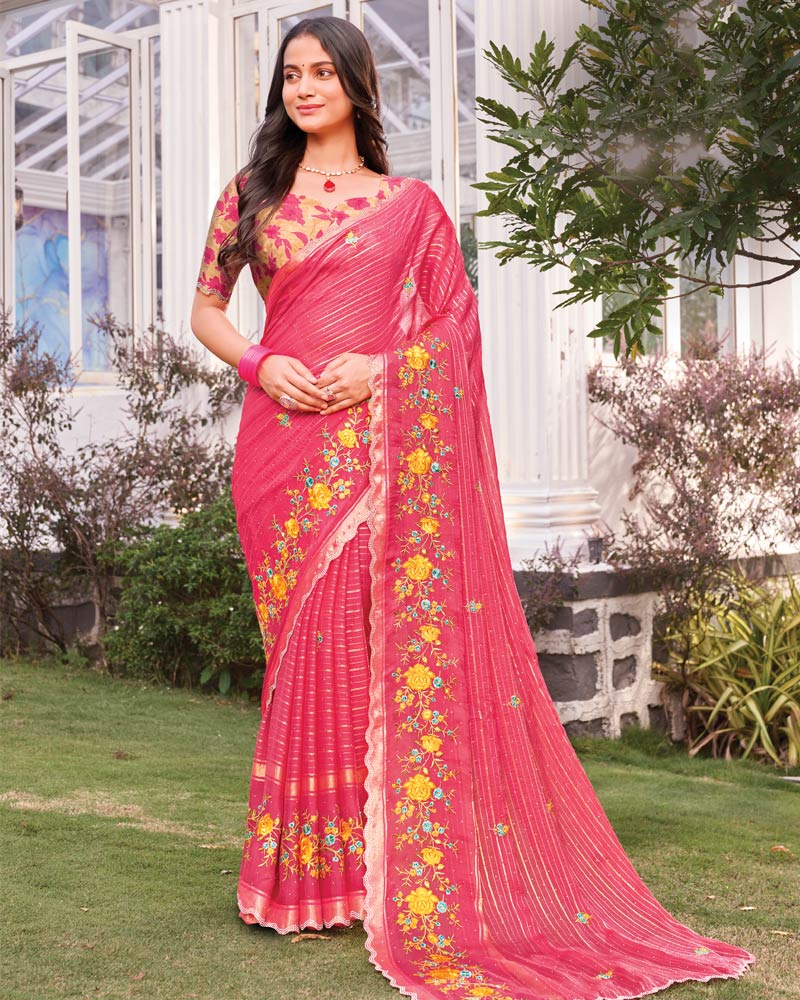 Vishal Prints Watermelon Pink Designer Fancy Chiffon-Viscose Saree With Embroidery-Diamond Work And Border