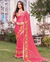 Vishal Prints Watermelon Pink Designer Fancy Chiffon-Viscose Saree With Embroidery-Diamond Work And Border