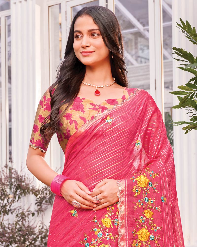 Vishal Prints Watermelon Pink Designer Fancy Chiffon-Viscose Saree With Embroidery-Diamond Work And Border