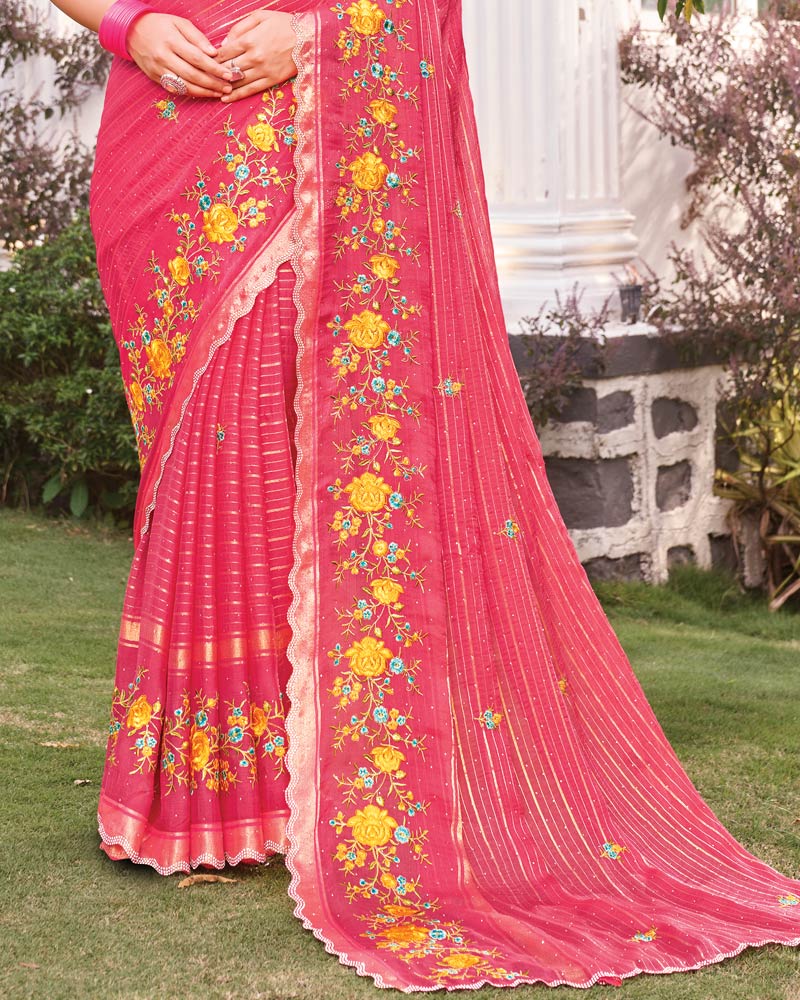 Vishal Prints Watermelon Pink Designer Fancy Chiffon-Viscose Saree With Embroidery-Diamond Work And Border