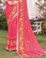 Vishal Prints Watermelon Pink Designer Fancy Chiffon-Viscose Saree With Embroidery-Diamond Work And Border