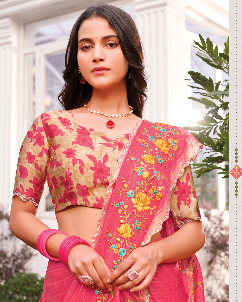 Vishal Prints Watermelon Pink Designer Fancy Chiffon-Viscose Saree With Embroidery-Diamond Work And Border