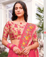 Vishal Prints Watermelon Pink Designer Fancy Chiffon-Viscose Saree With Embroidery-Diamond Work And Border