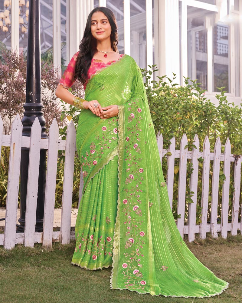 Vishal Prints Pistachio Green Designer Fancy Chiffon-Viscose Saree With Embroidery-Diamond Work And Border