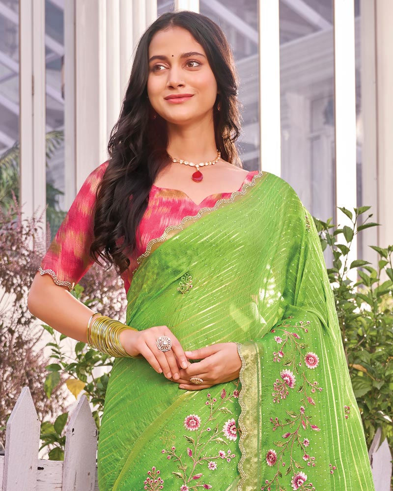 Vishal Prints Pistachio Green Designer Fancy Chiffon-Viscose Saree With Embroidery-Diamond Work And Border
