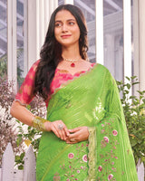 Vishal Prints Pistachio Green Designer Fancy Chiffon-Viscose Saree With Embroidery-Diamond Work And Border