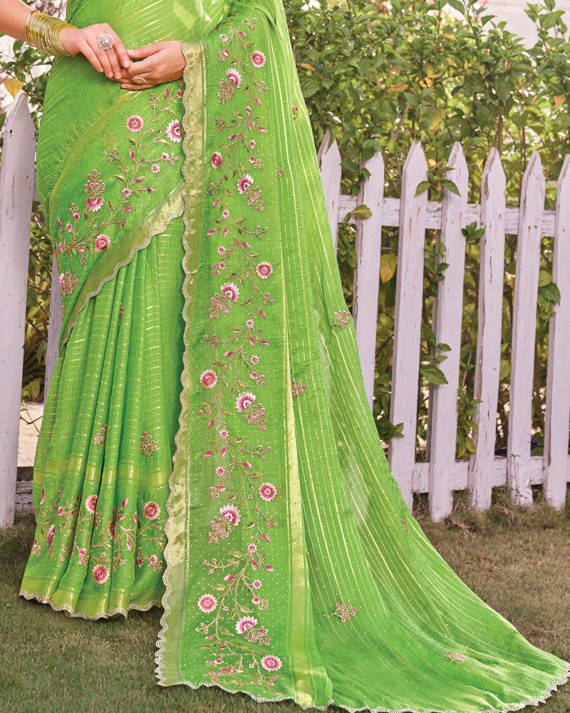 Vishal Prints Pistachio Green Designer Fancy Chiffon-Viscose Saree With Embroidery-Diamond Work And Border