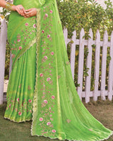 Vishal Prints Pistachio Green Designer Fancy Chiffon-Viscose Saree With Embroidery-Diamond Work And Border