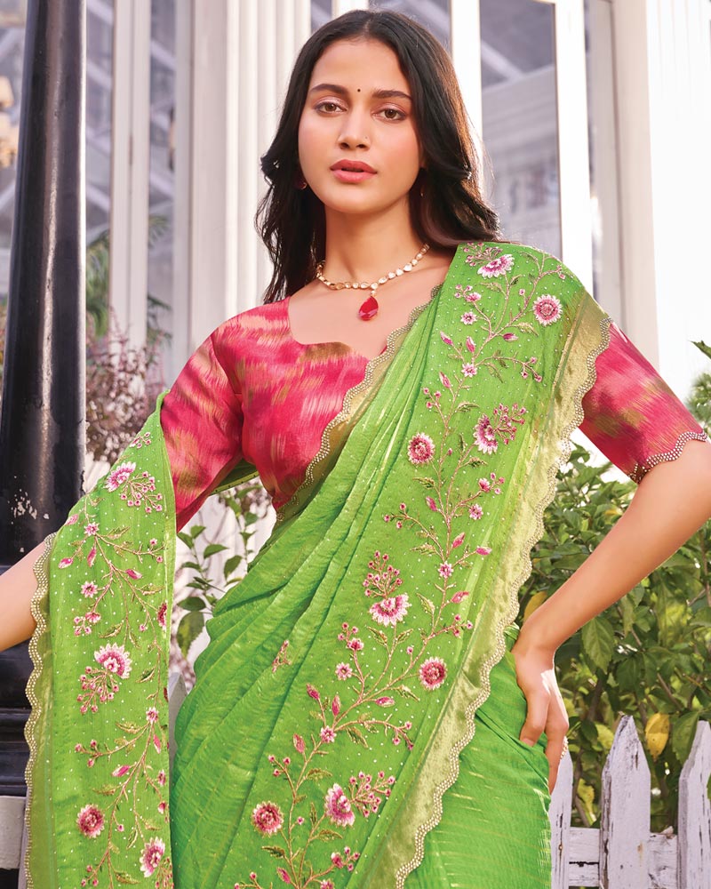 Vishal Prints Pistachio Green Designer Fancy Chiffon-Viscose Saree With Embroidery-Diamond Work And Border