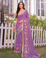 Vishal Prints Deep Lavender Designer Fancy Chiffon-Viscose Saree With Embroidery-Diamond Work And Border