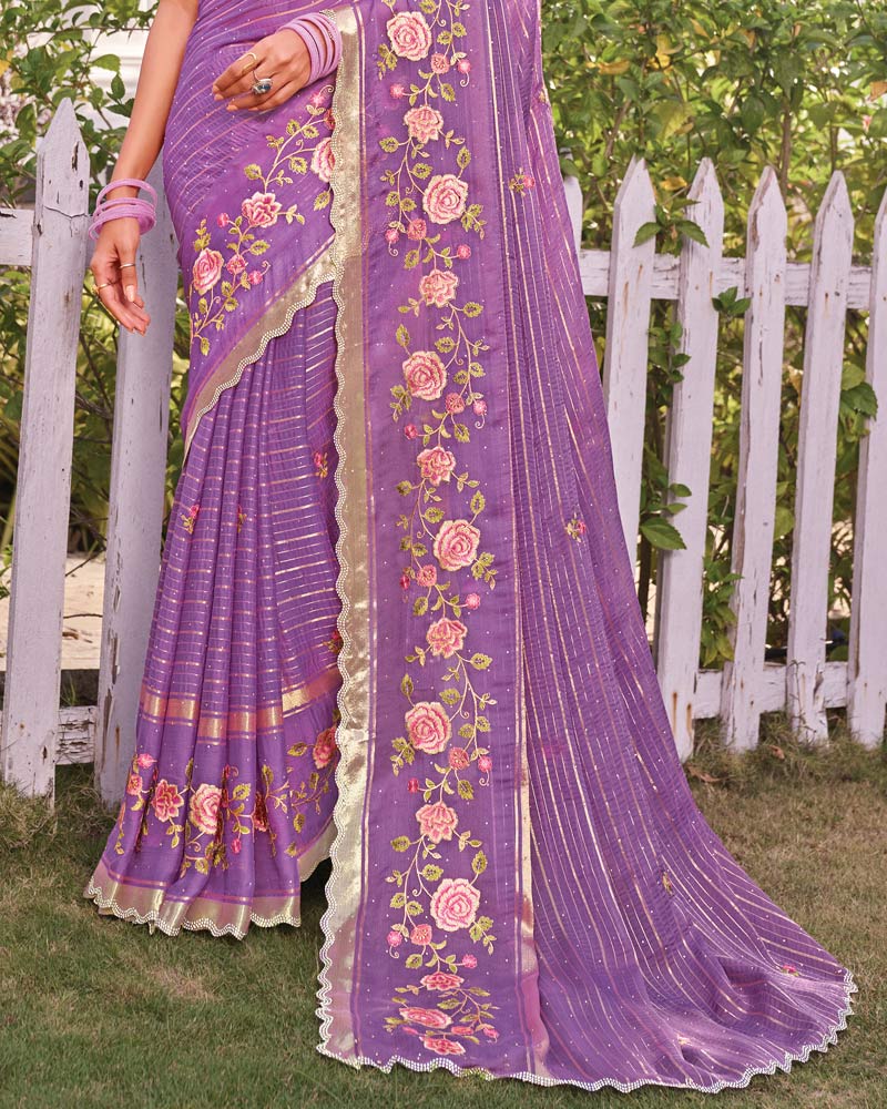 Vishal Prints Deep Lavender Designer Fancy Chiffon-Viscose Saree With Embroidery-Diamond Work And Border