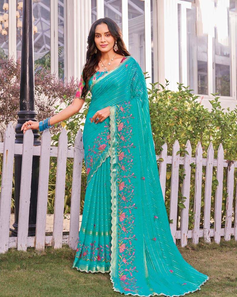 Vishal Prints Pacific Blue Designer Fancy Chiffon-Viscose Saree With Embroidery-Diamond Work And Border