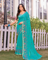Vishal Prints Pacific Blue Designer Fancy Chiffon-Viscose Saree With Embroidery-Diamond Work And Border