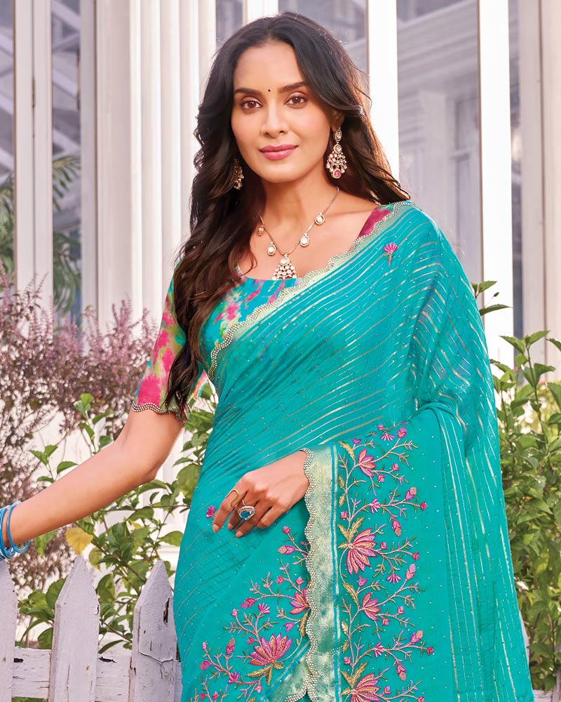 Vishal Prints Pacific Blue Designer Fancy Chiffon-Viscose Saree With Embroidery-Diamond Work And Border