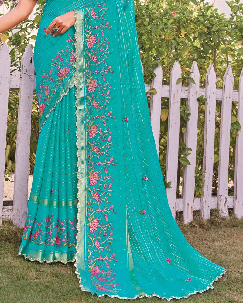 Vishal Prints Pacific Blue Designer Fancy Chiffon-Viscose Saree With Embroidery-Diamond Work And Border