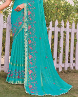 Vishal Prints Pacific Blue Designer Fancy Chiffon-Viscose Saree With Embroidery-Diamond Work And Border