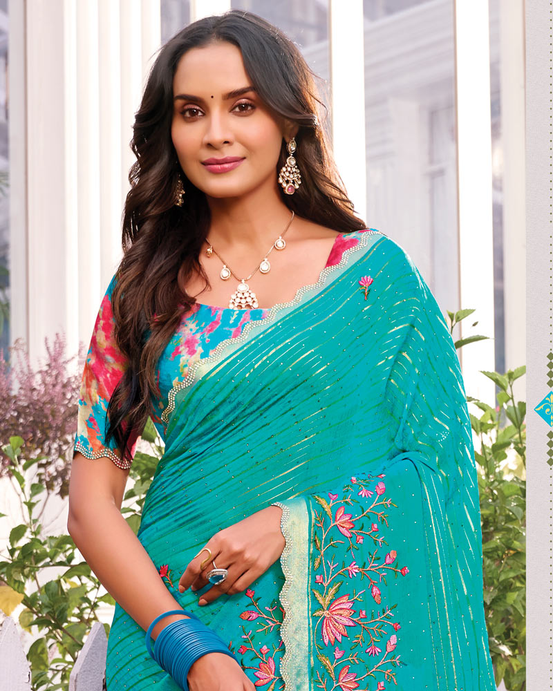 Vishal Prints Pacific Blue Designer Fancy Chiffon-Viscose Saree With Embroidery-Diamond Work And Border
