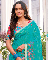 Vishal Prints Pacific Blue Designer Fancy Chiffon-Viscose Saree With Embroidery-Diamond Work And Border