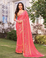 Vishal Prints Light Coral Pink Designer Fancy Chiffon-Viscose Saree With Embroidery-Diamond Work And Border