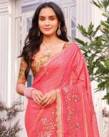 Vishal Prints Light Coral Pink Designer Fancy Chiffon-Viscose Saree With Embroidery-Diamond Work And Border