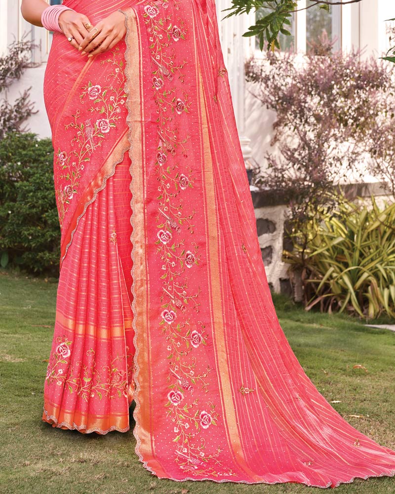 Vishal Prints Light Coral Pink Designer Fancy Chiffon-Viscose Saree With Embroidery-Diamond Work And Border