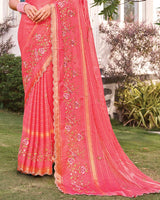 Vishal Prints Light Coral Pink Designer Fancy Chiffon-Viscose Saree With Embroidery-Diamond Work And Border