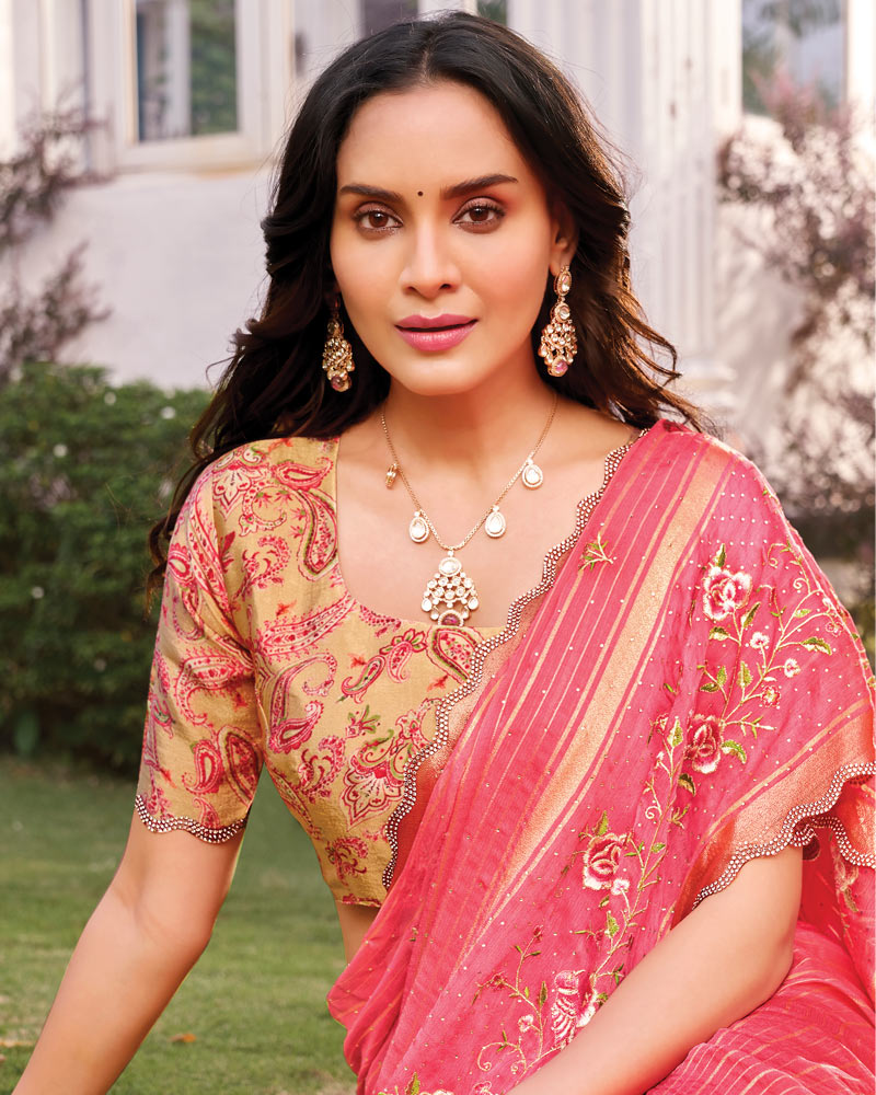 Vishal Prints Light Coral Pink Designer Fancy Chiffon-Viscose Saree With Embroidery-Diamond Work And Border