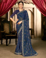 Vishal Prints Navy Blue Designer Brasso Saree With Foil Print And Fancy Border