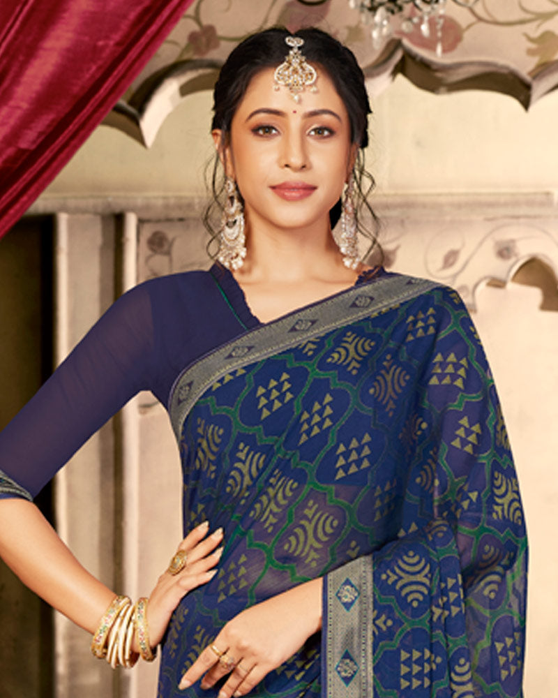 Vishal Prints Navy Blue Designer Brasso Saree With Foil Print And Fancy Border