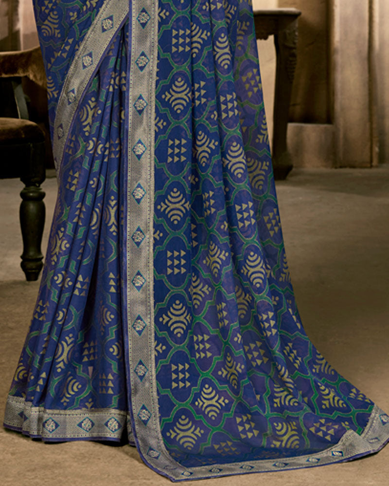 Vishal Prints Navy Blue Designer Brasso Saree With Foil Print And Fancy Border
