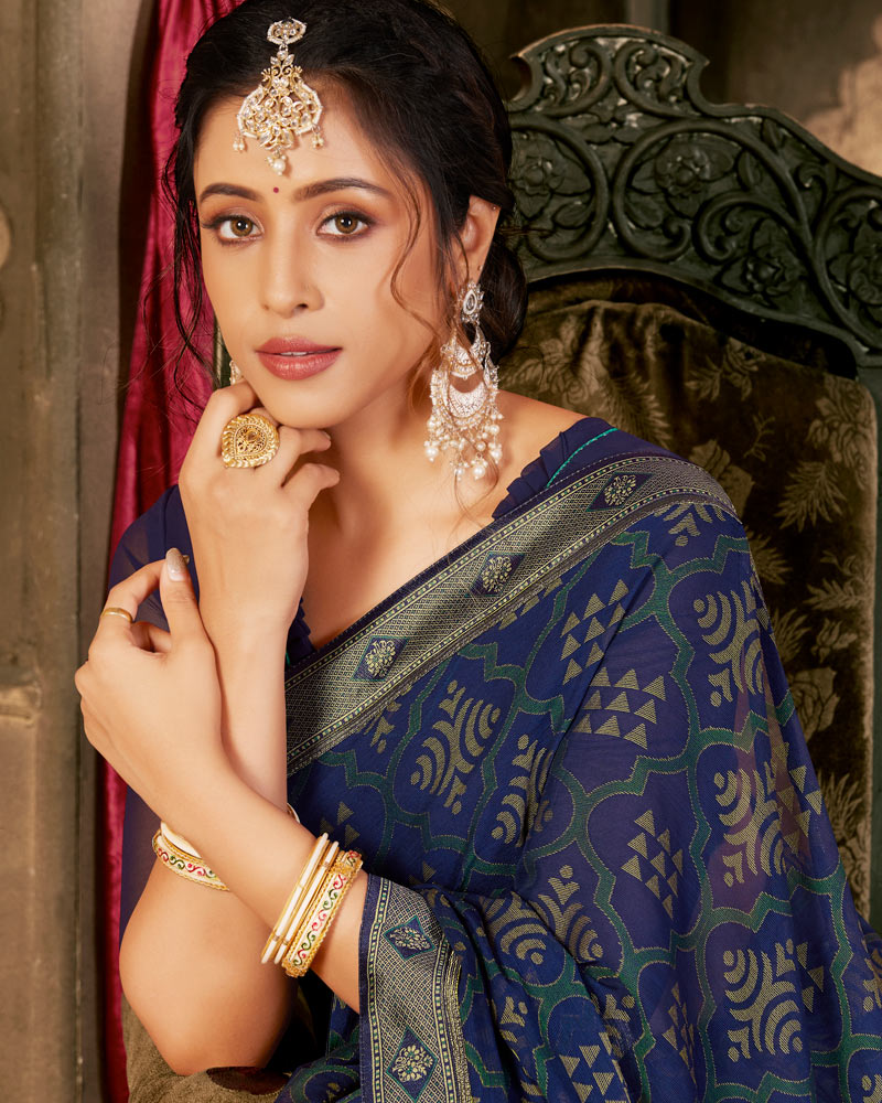 Vishal Prints Navy Blue Designer Brasso Saree With Foil Print And Fancy Border