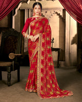 Vishal Prints Cherry Red Designer Brasso Saree With Foil Print And Fancy Border