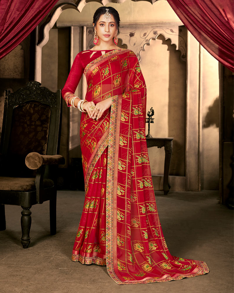 Vishal Prints Cherry Red Designer Brasso Saree With Foil Print And Fancy Border