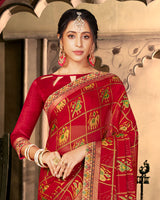 Vishal Prints Cherry Red Designer Brasso Saree With Foil Print And Fancy Border
